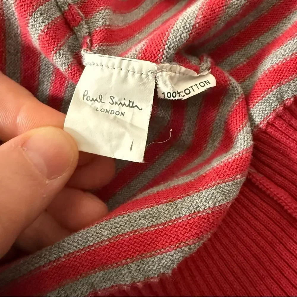 Paul Smith Sweater Mens Sz M Red Gray Striped Crew Neck 100% Cotton Preppy
